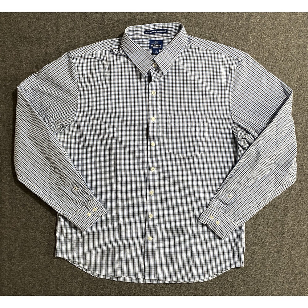 Old Navy Everyday Button Up Shirt Men's Large Blue White Plaid Long Sleeve